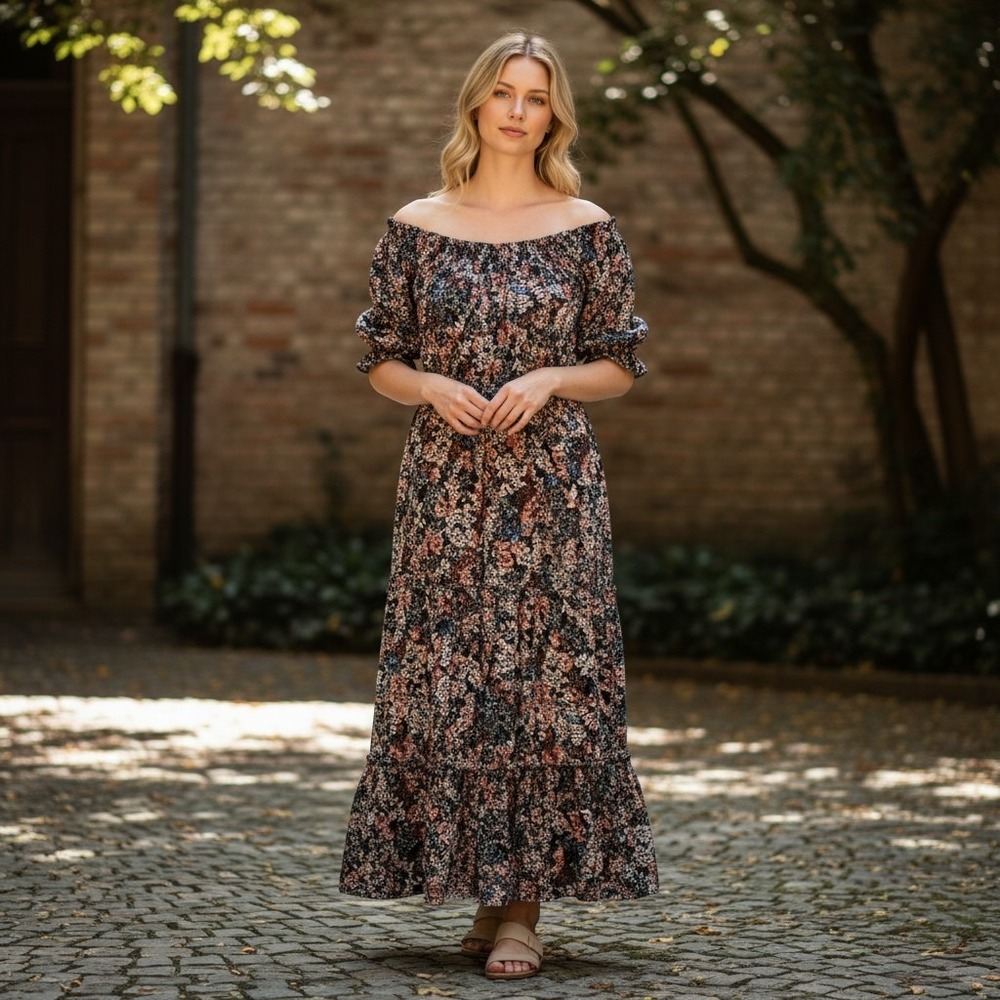 Maurices Maxi Dress Womens Large Flopral Peasant Romantic Smocked Tiered Rayon